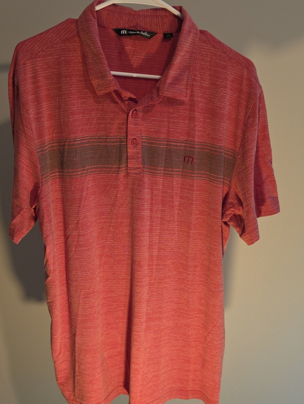 Travis Mathew Coral Red Short-Sleeve Stripe Polo XL